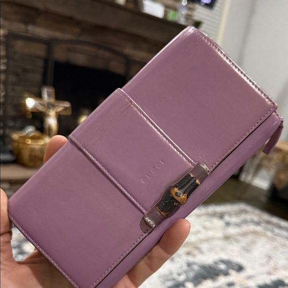 Gucci Handbags - Gucci Purple Leather Zip Wallet with Bamboo Hardware